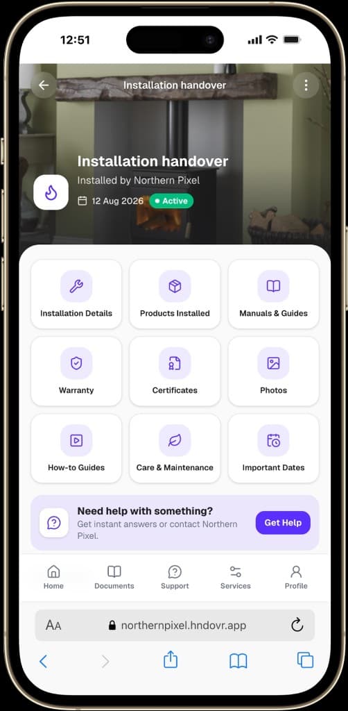 Customer HNDOVR™ portal on a phone — installation handover for Northern Pixel